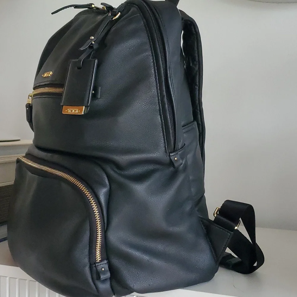 Tumi Voyageur Halle Black Leather Backpack with Gold Hardware